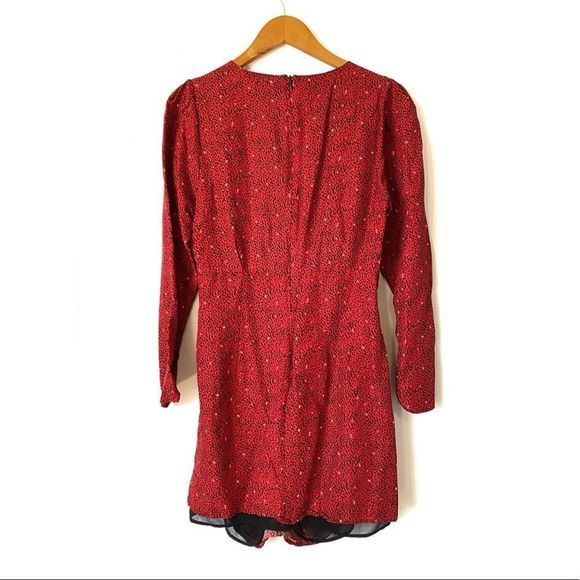 ZARA Red Black Print Side Ruched V-neck Long Sleeve Mini Dress - Picture 4 of 8